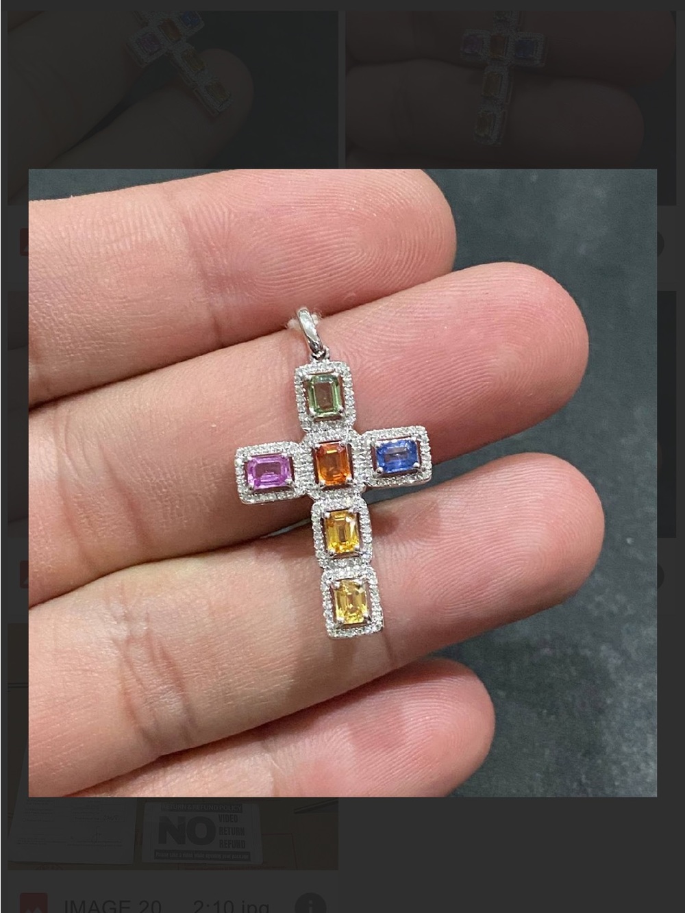 14K WHITE GOLD Multicolor Gemstone Cross Pendant